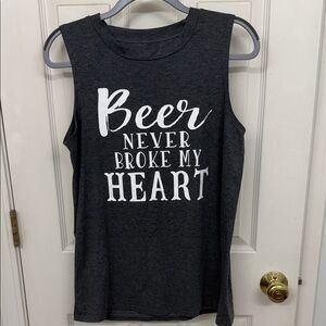 “Beer Never Broke My Heart” Charcoal Graphic Tank: L